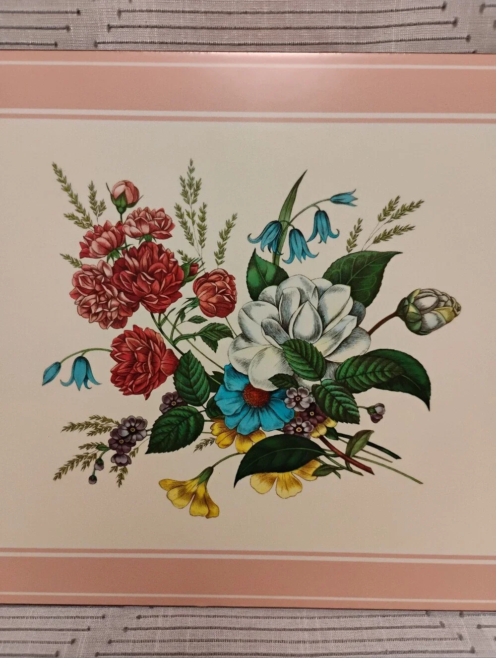 Vintage Pimpernel Cork Back Rectangular Placement Pink Border Central Floral